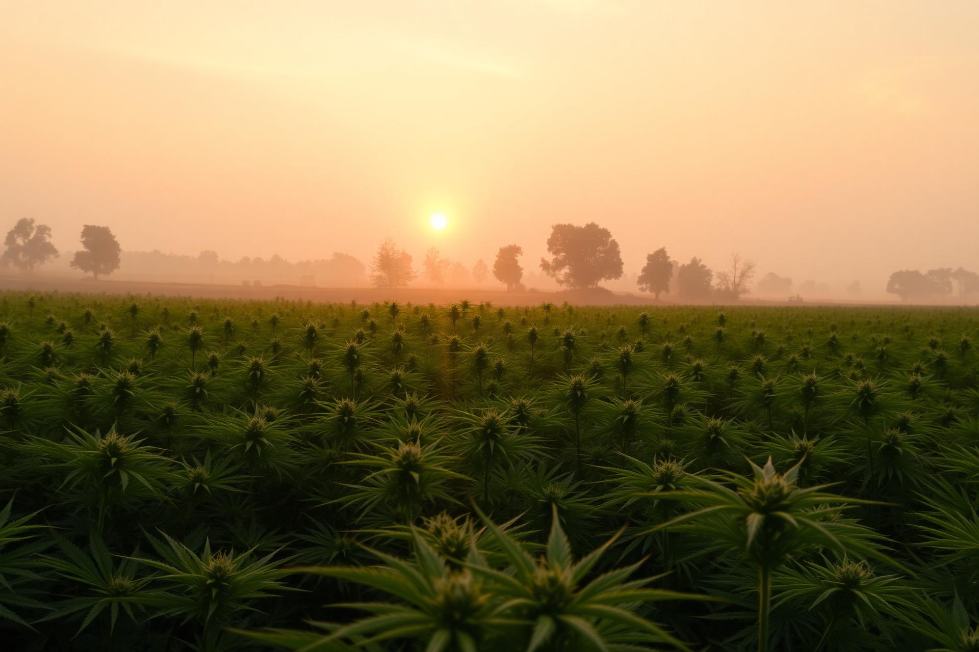 Sonnenaufgang über einem nebligen Cannabisfeld