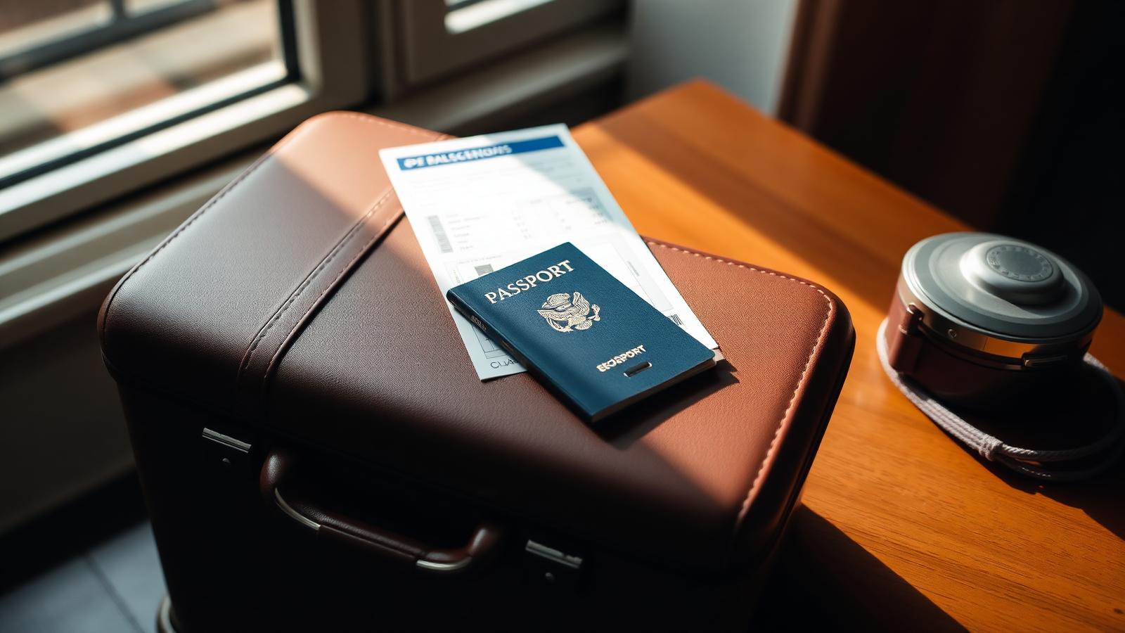 Reisepass, Boarding-Pass und Koffer auf einem Tisch – Symbolbild für Reisen mit Medikamenten